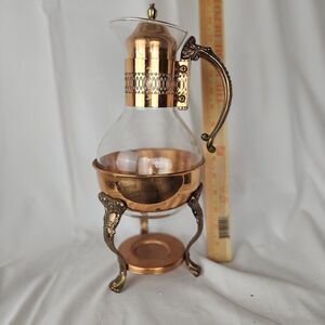 Vintage 70s Princess House Copper Glass Coffee Carafe Warming Stand  w/ Lid